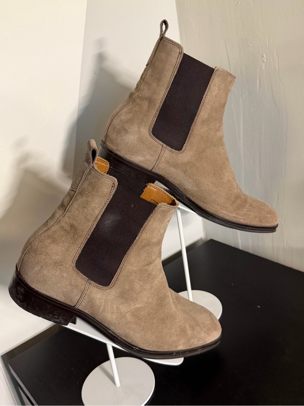 Aldo “ELOEMA” Taupe Suede Chelsea Boots with Dark Elastic Panels